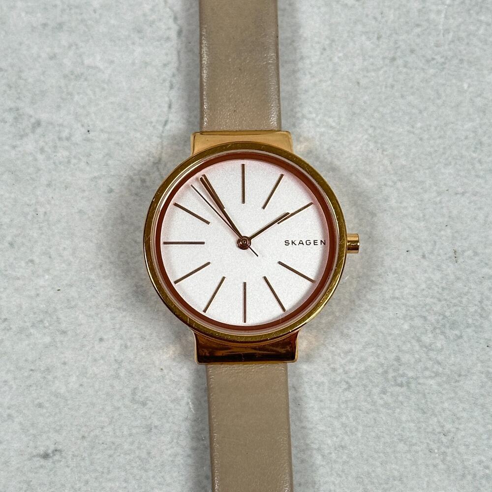 Skagen Denmark Watch Womens 30mm Rose Gold Tone Ancher Gray Band New Battery